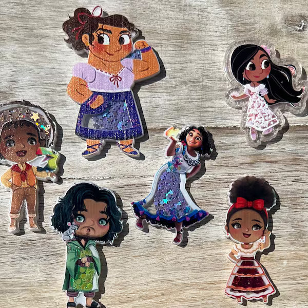 Disney Encanto Acrylic Shakers | Mirabel, Bruno, Isabela, Luisa, Antonio, Dolores | Hair Bow Center, Key Ring, Scrapbook Embellishment